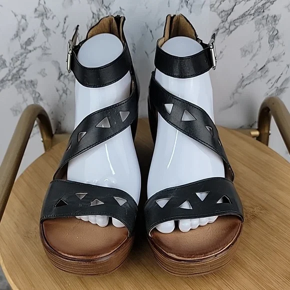 Miz Mooz Womens "Spicy" Leather Cut-Out Strappy Wedge Sandal Black Sz 42/10.5-11 - Picture 6 of 12